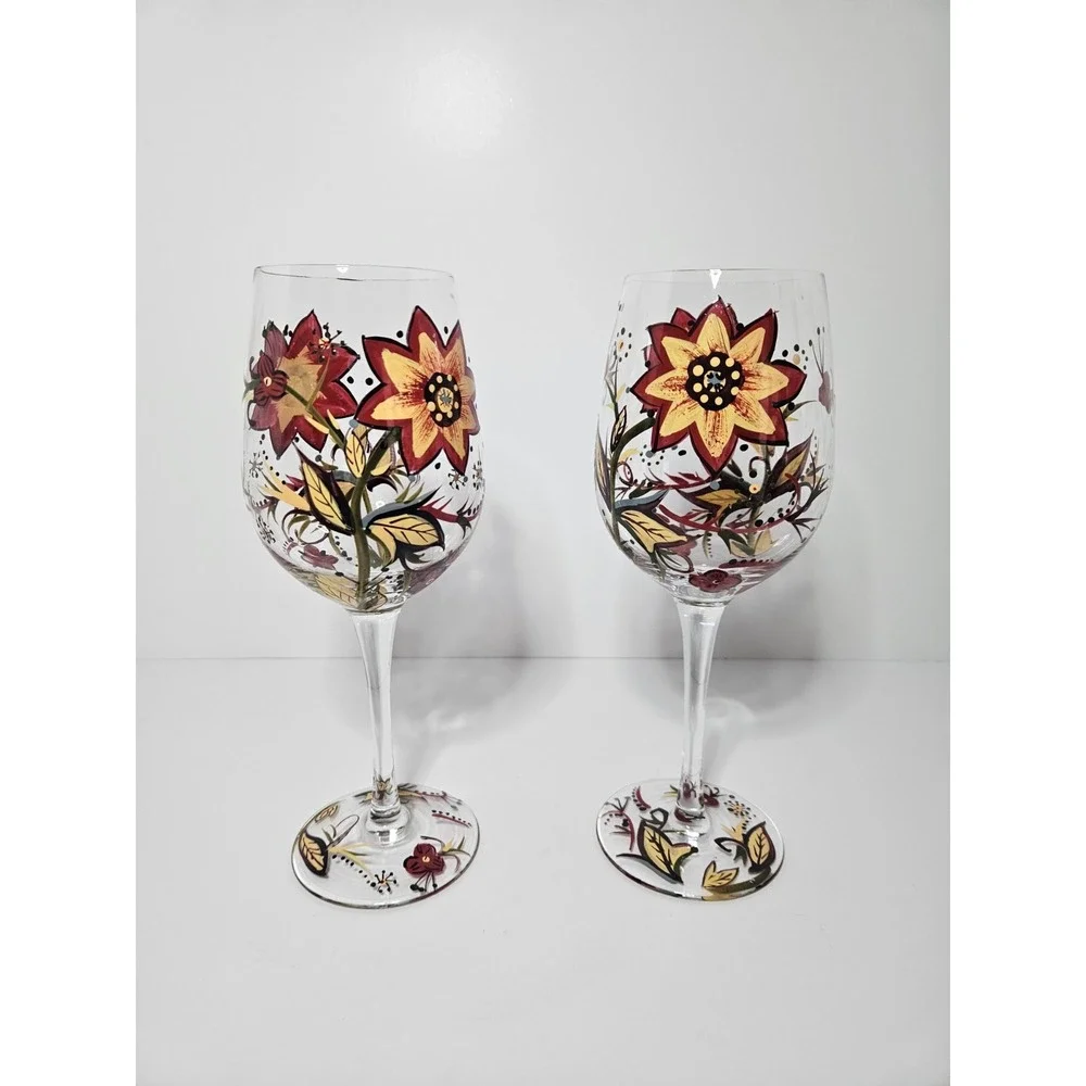 Set of 2 Pier 1 Carynthum Wine Glasses Hand Painted Fall Floral Stemmed Goblets
